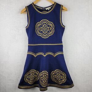 Sz Small Skater Dress Sleeveless Back Zip Closure Bohemian Navy Gold Embroidery